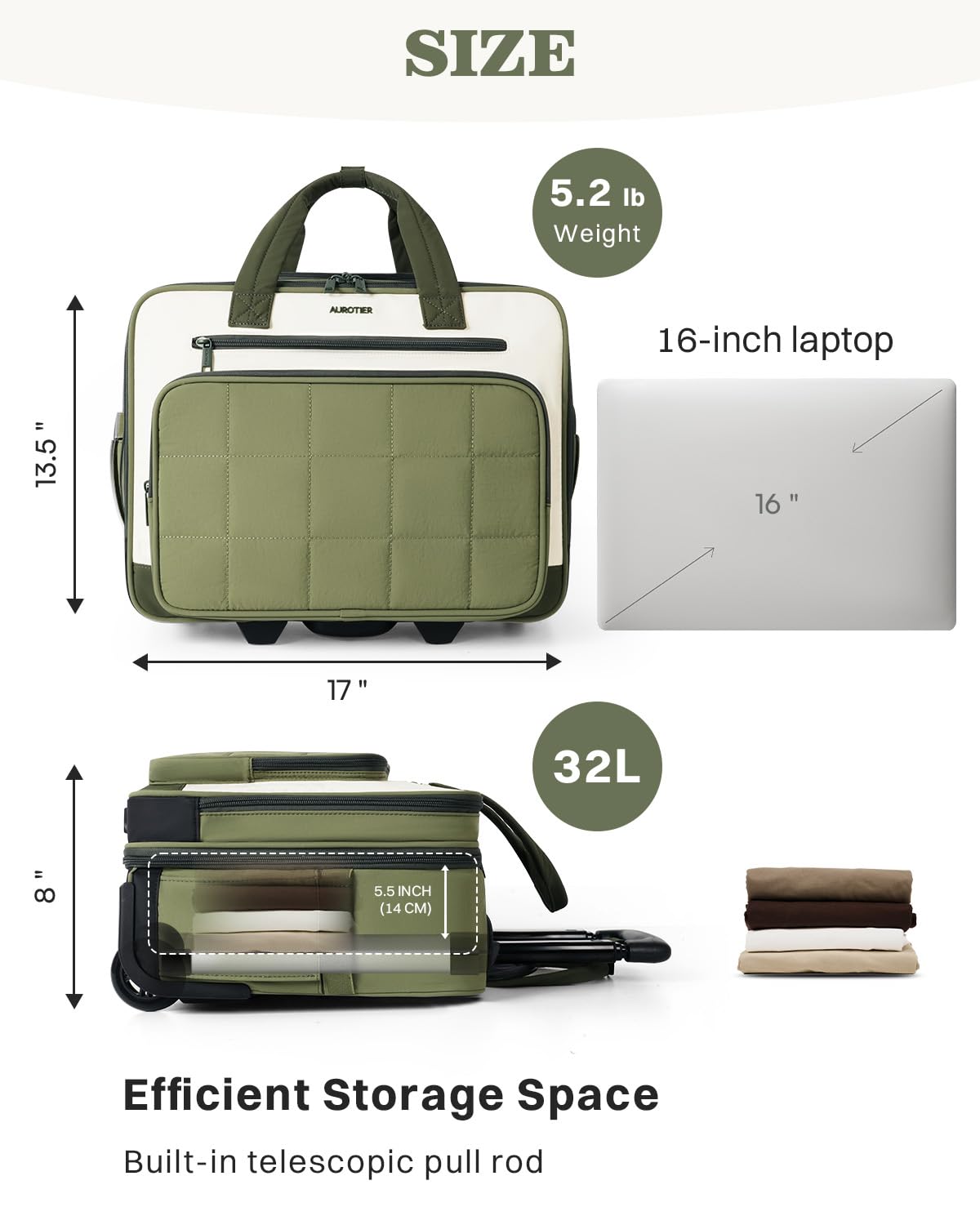 Rolling Puffer Laptop Bag, 16 Inch Water Resistant Carry On Luggage with Wheels, Green I229