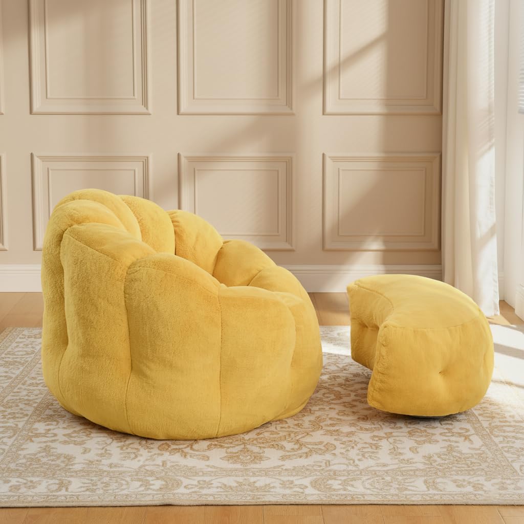 Yellow Faux Fur Bean Bag Chair with Ottoman F282
