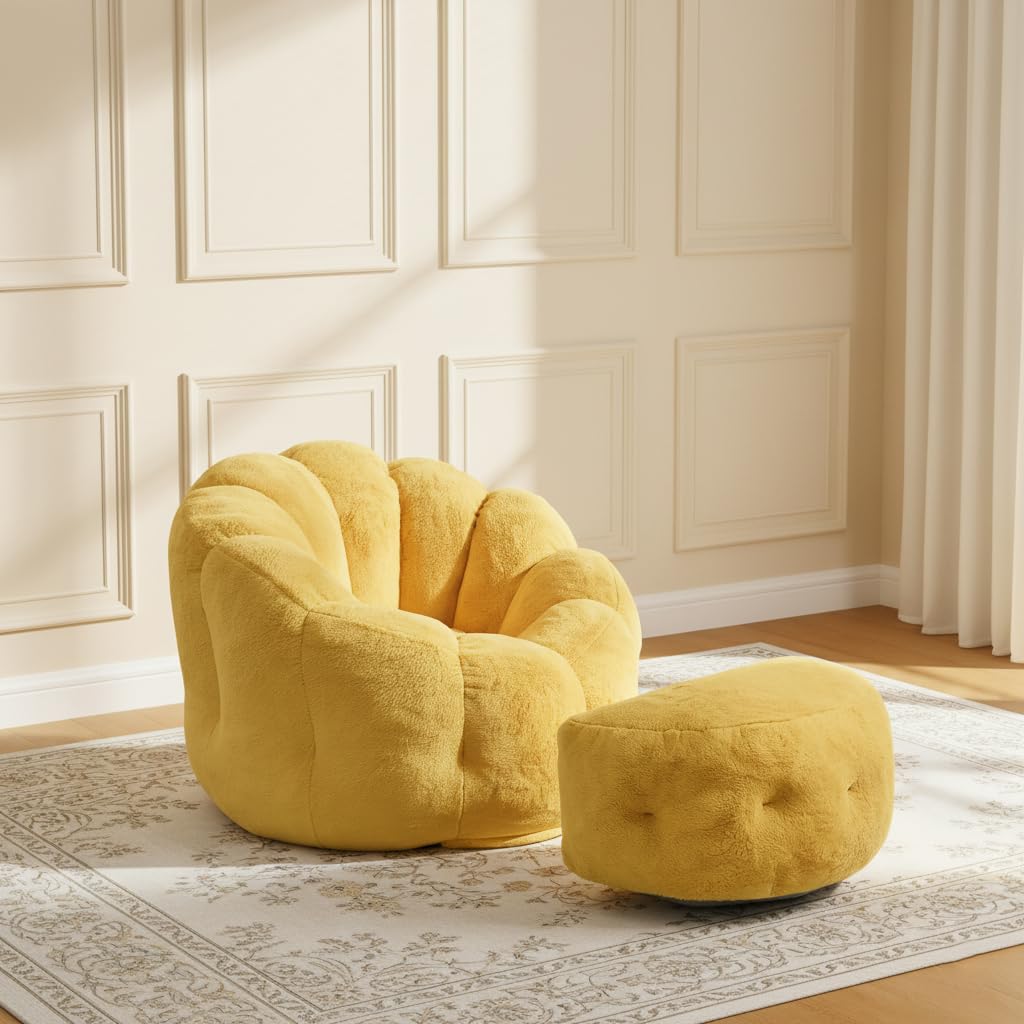 Yellow Faux Fur Bean Bag Chair with Ottoman F282