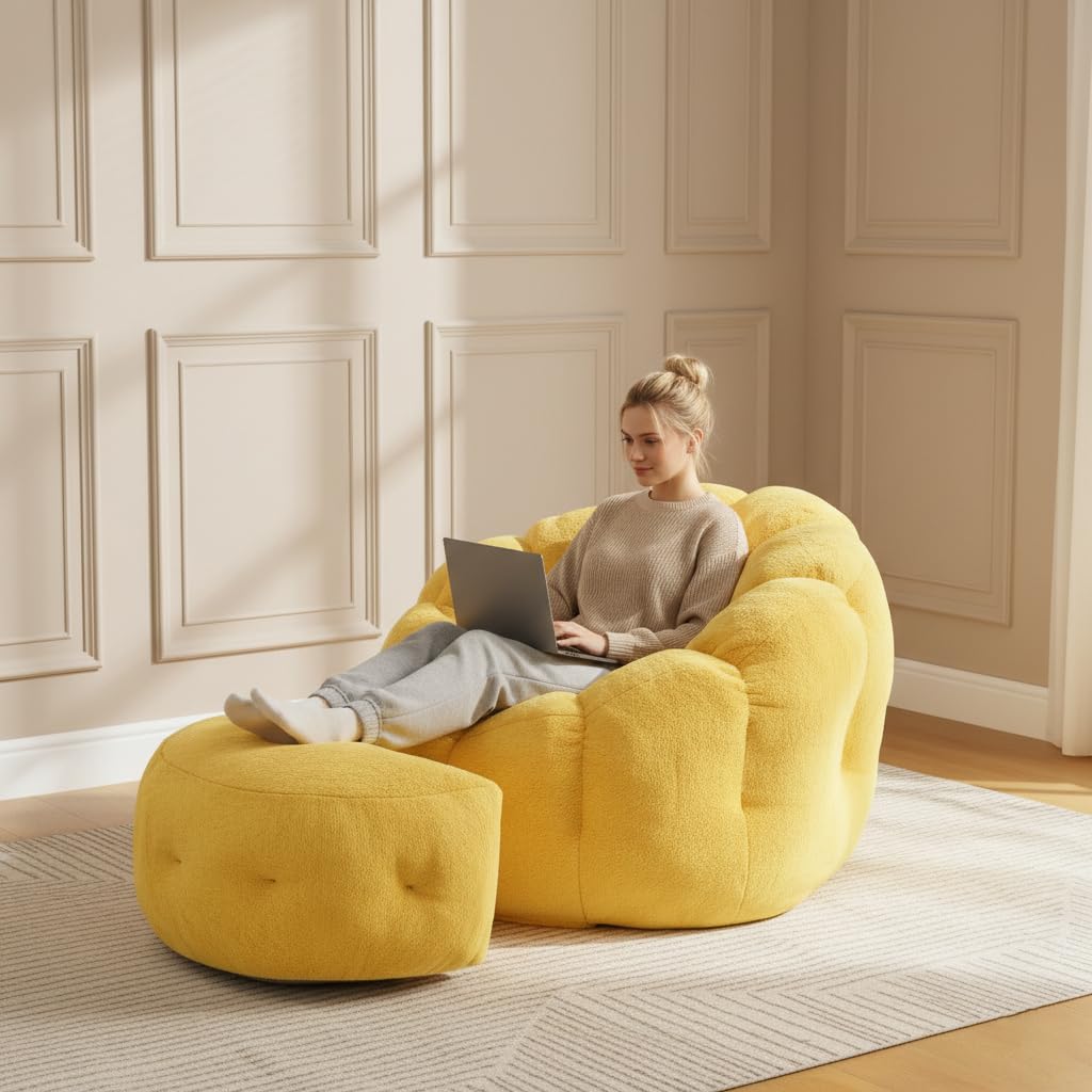 Yellow Faux Fur Bean Bag Chair with Ottoman F282