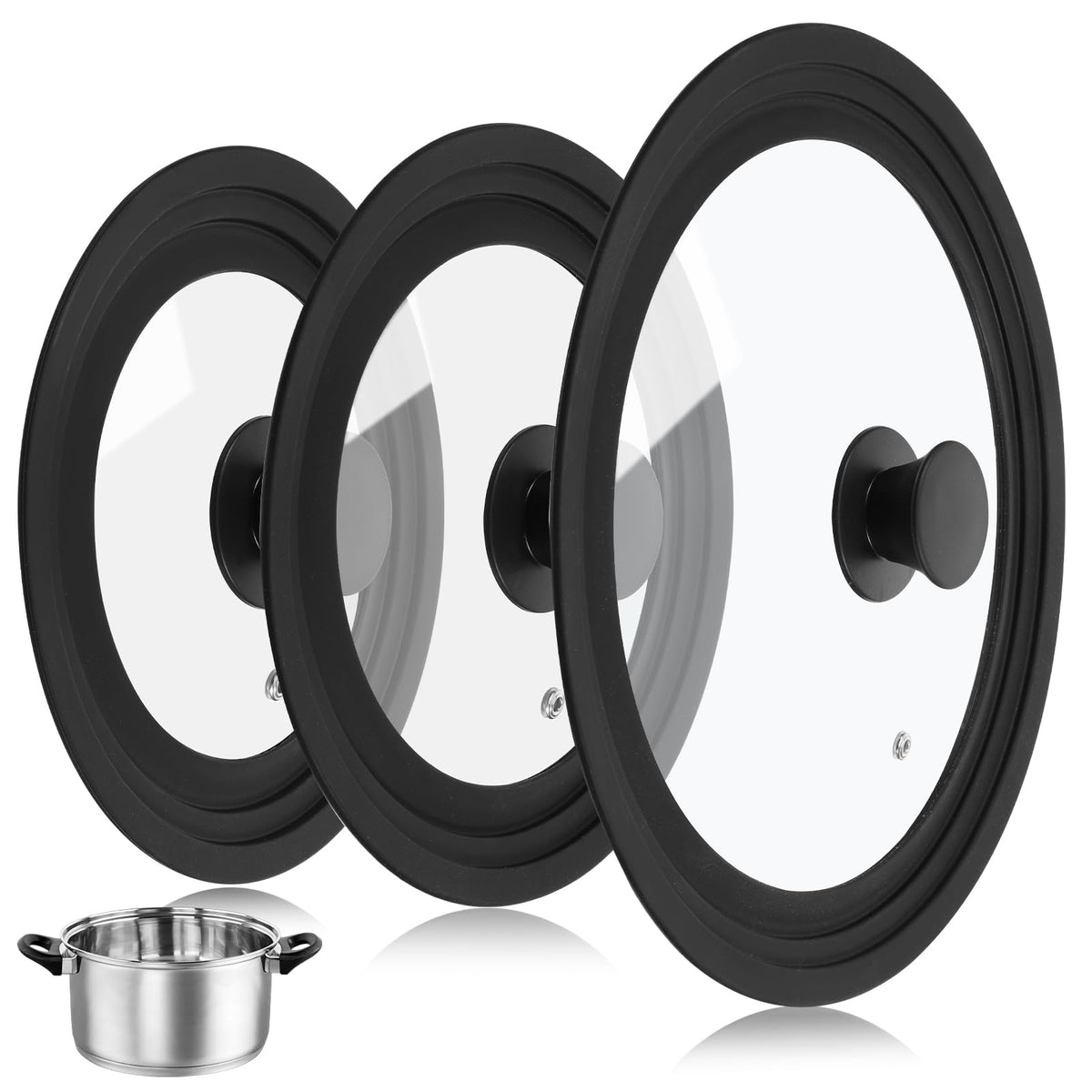 3 Pc Tempered Glass Pot Lids with Silicone Rim Q752690