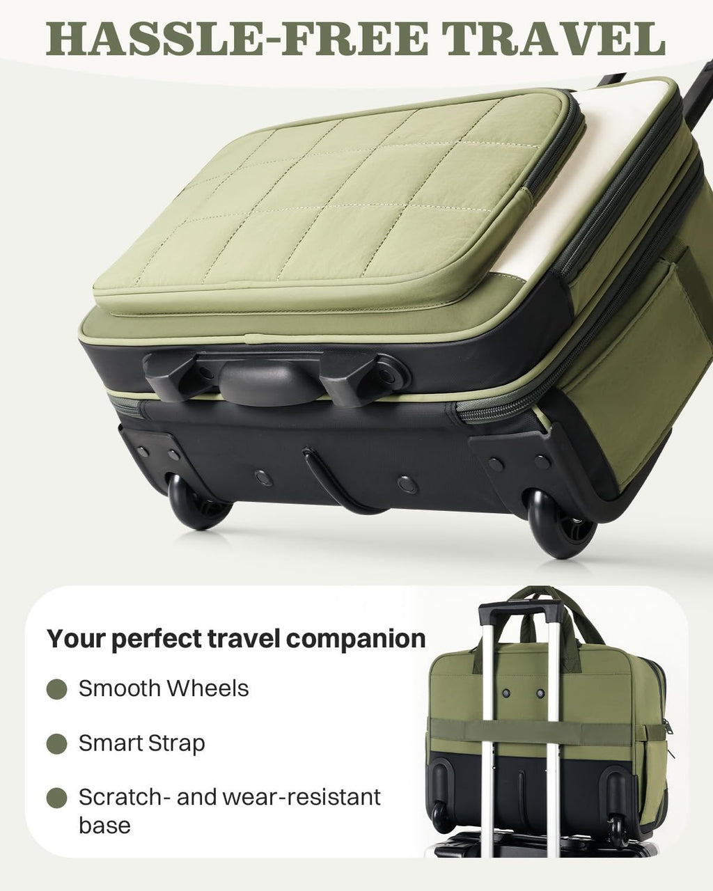 Rolling Puffer Laptop Bag, 16 Inch Water Resistant Carry On Luggage with Wheels, Green I229