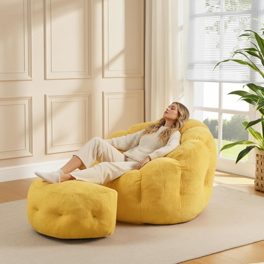 Yellow Faux Fur Bean Bag Chair with Ottoman F282