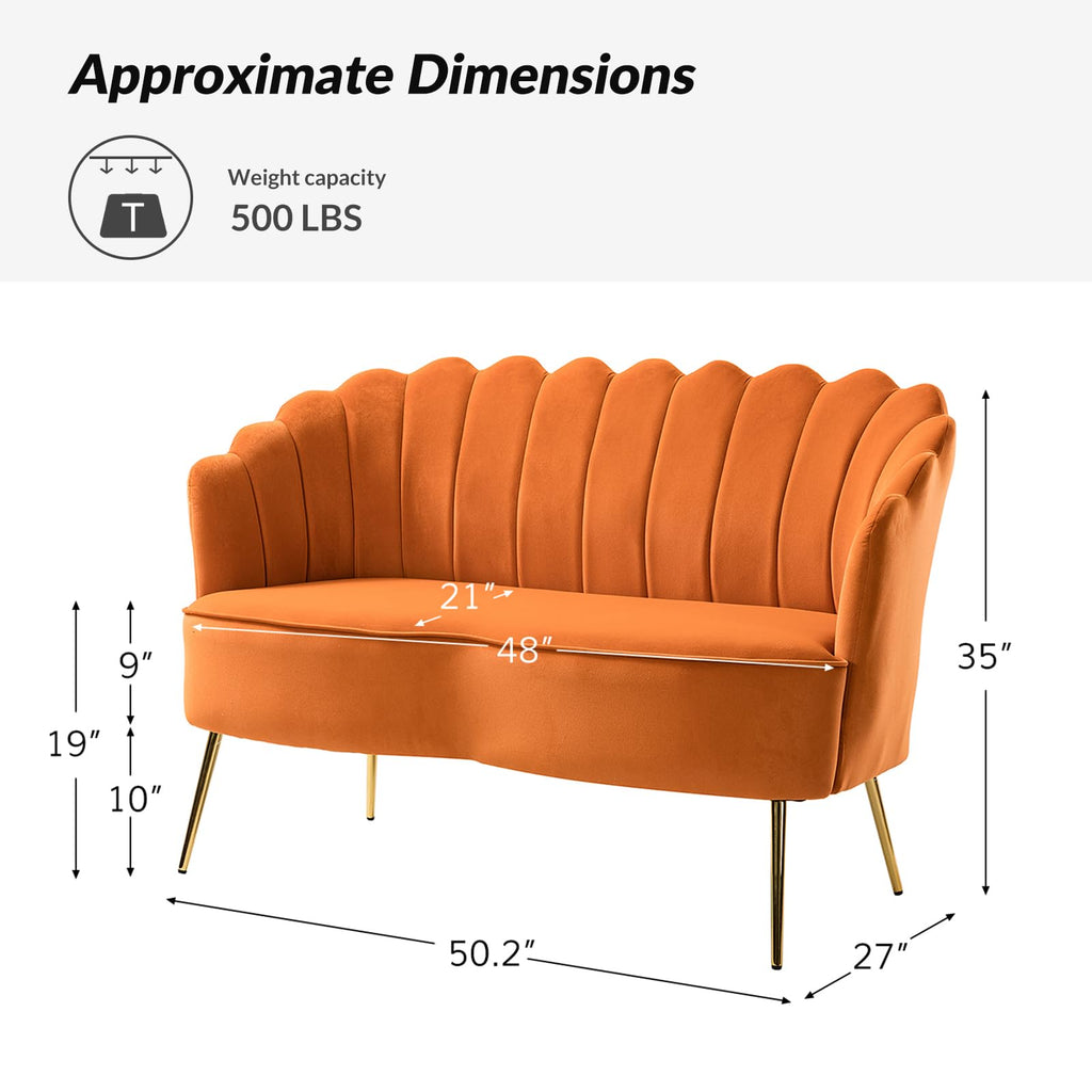 Orange Velvet 2-Seater Loveseat Sofa with Gold Metal Legs Z953346