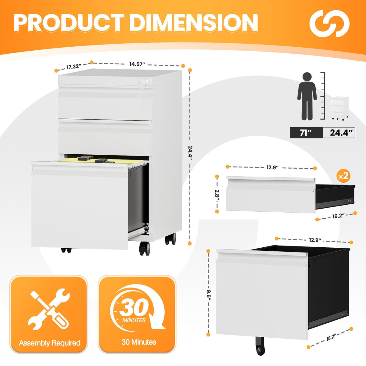 3 Drawer White Metal Mobile File Cabinet with Lock C4806