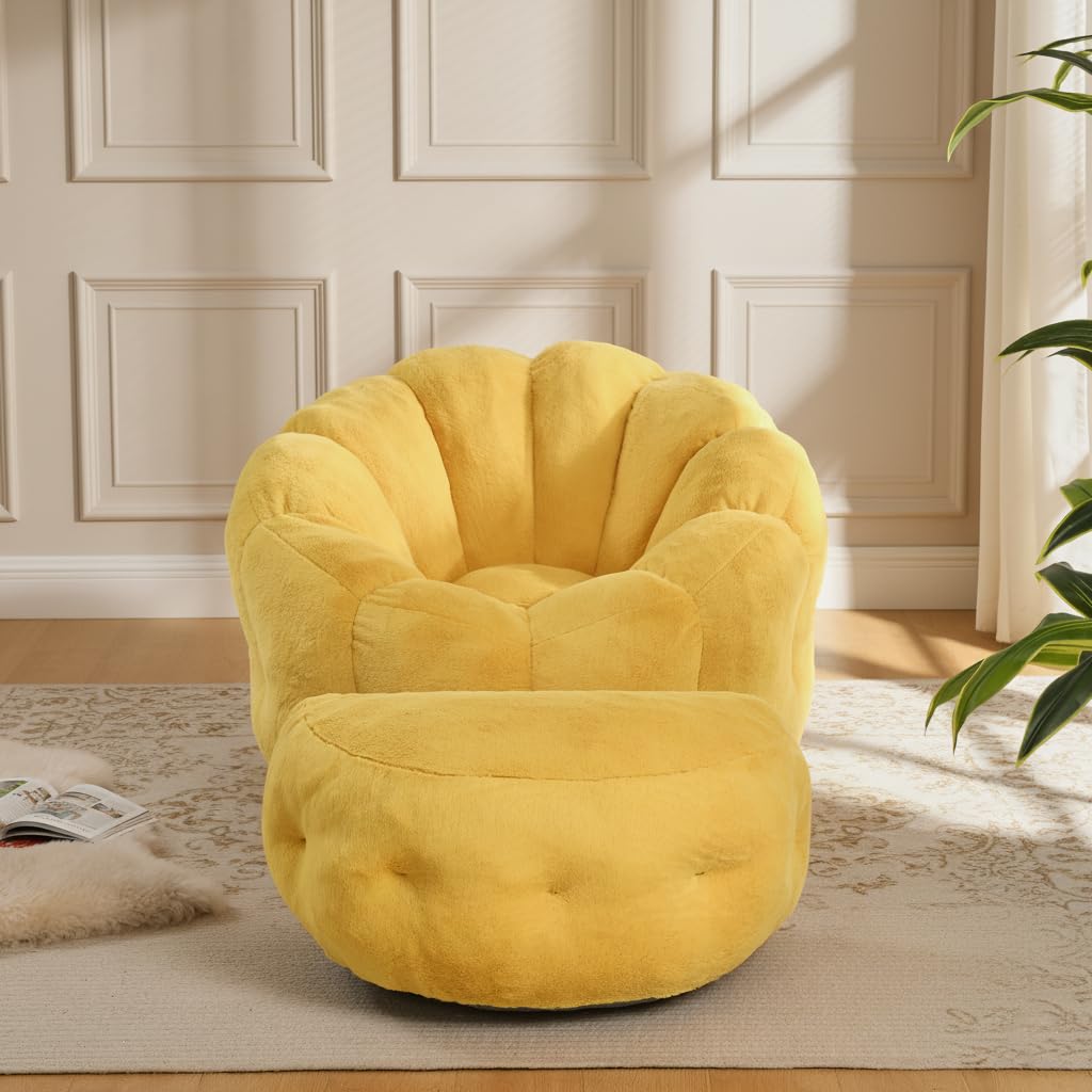 Yellow Faux Fur Bean Bag Chair with Ottoman F282
