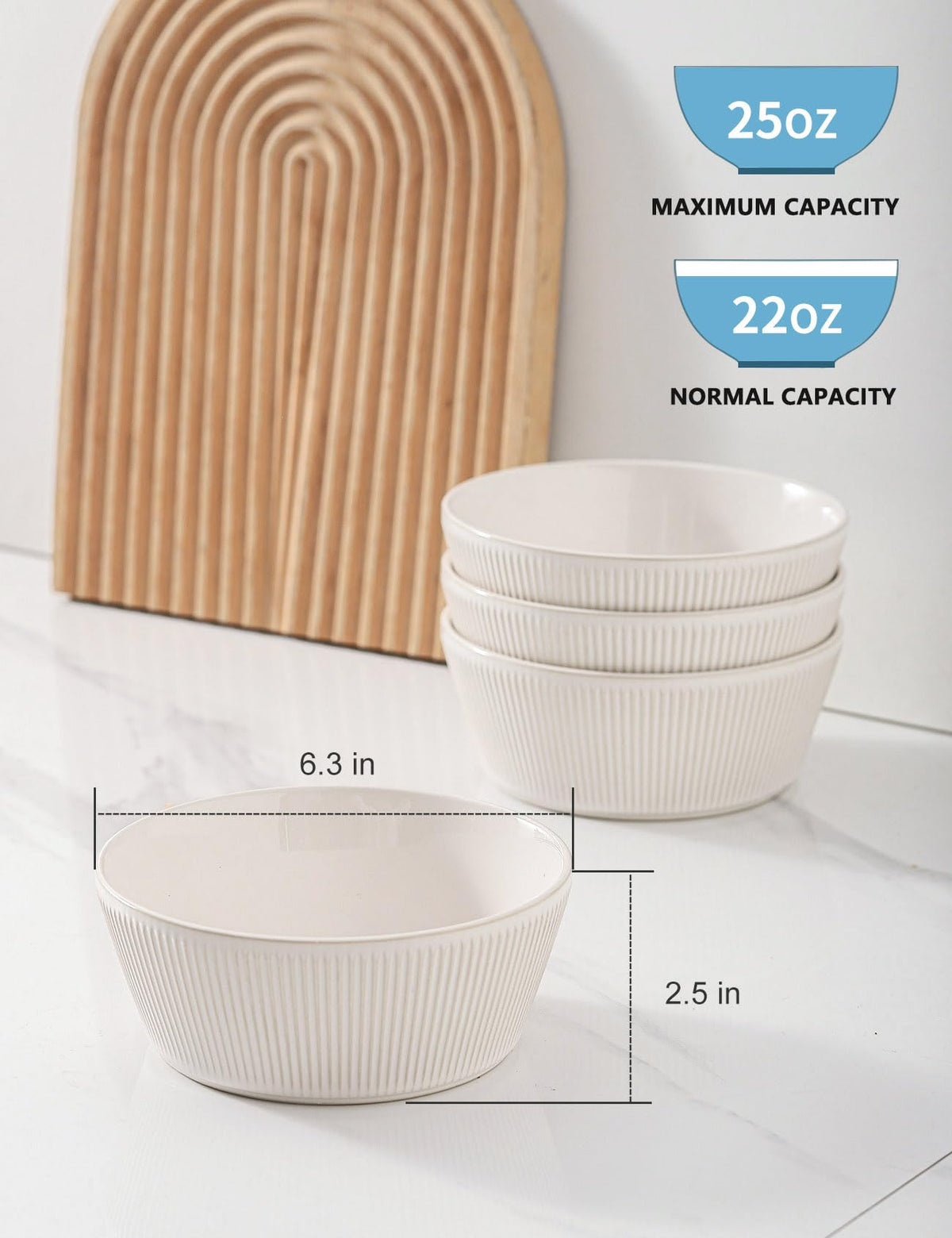 Ceramic Soup Bowls Set of 4, 6.3 inch Microwave Safe White B396