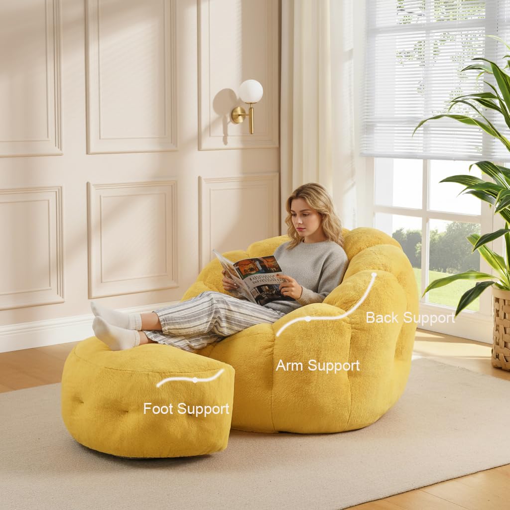 Yellow Faux Fur Bean Bag Chair with Ottoman F282