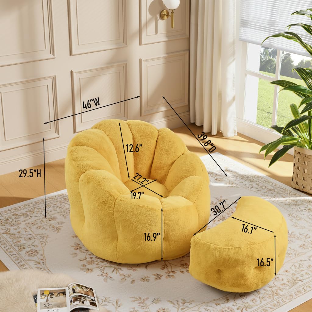 Yellow Faux Fur Bean Bag Chair with Ottoman F282