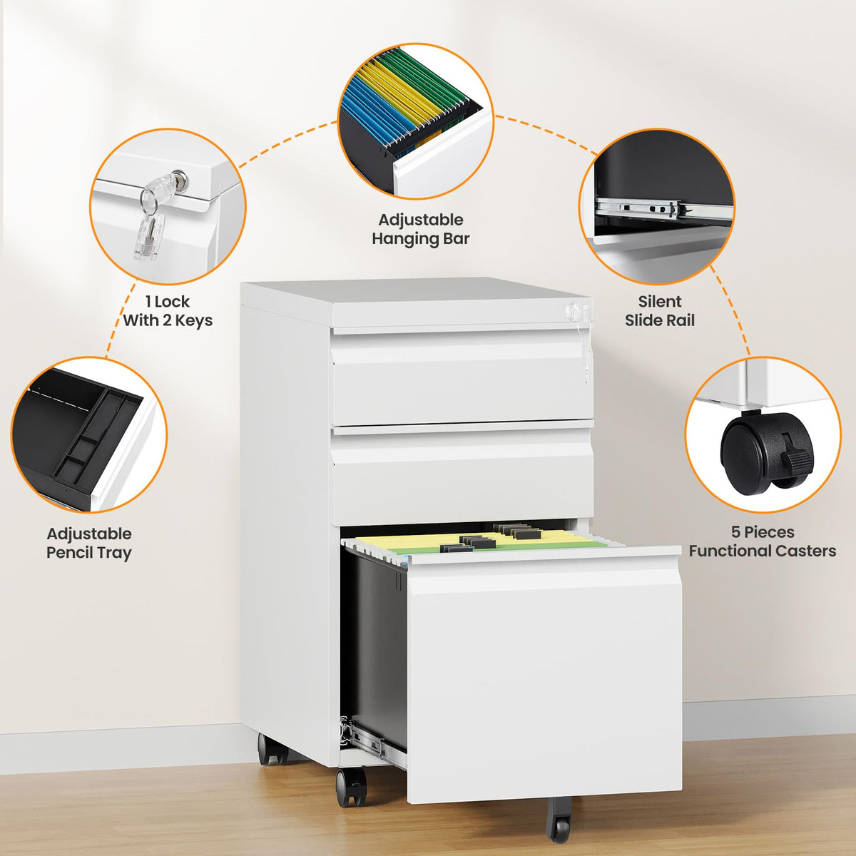 3 Drawer White Metal Mobile File Cabinet with Lock C4806
