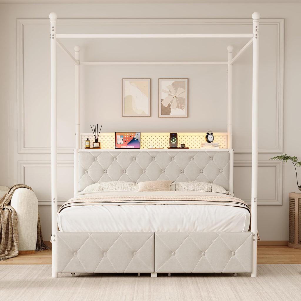 Full Size Canopy Bed Frame with Charging Station and LED Lights W428