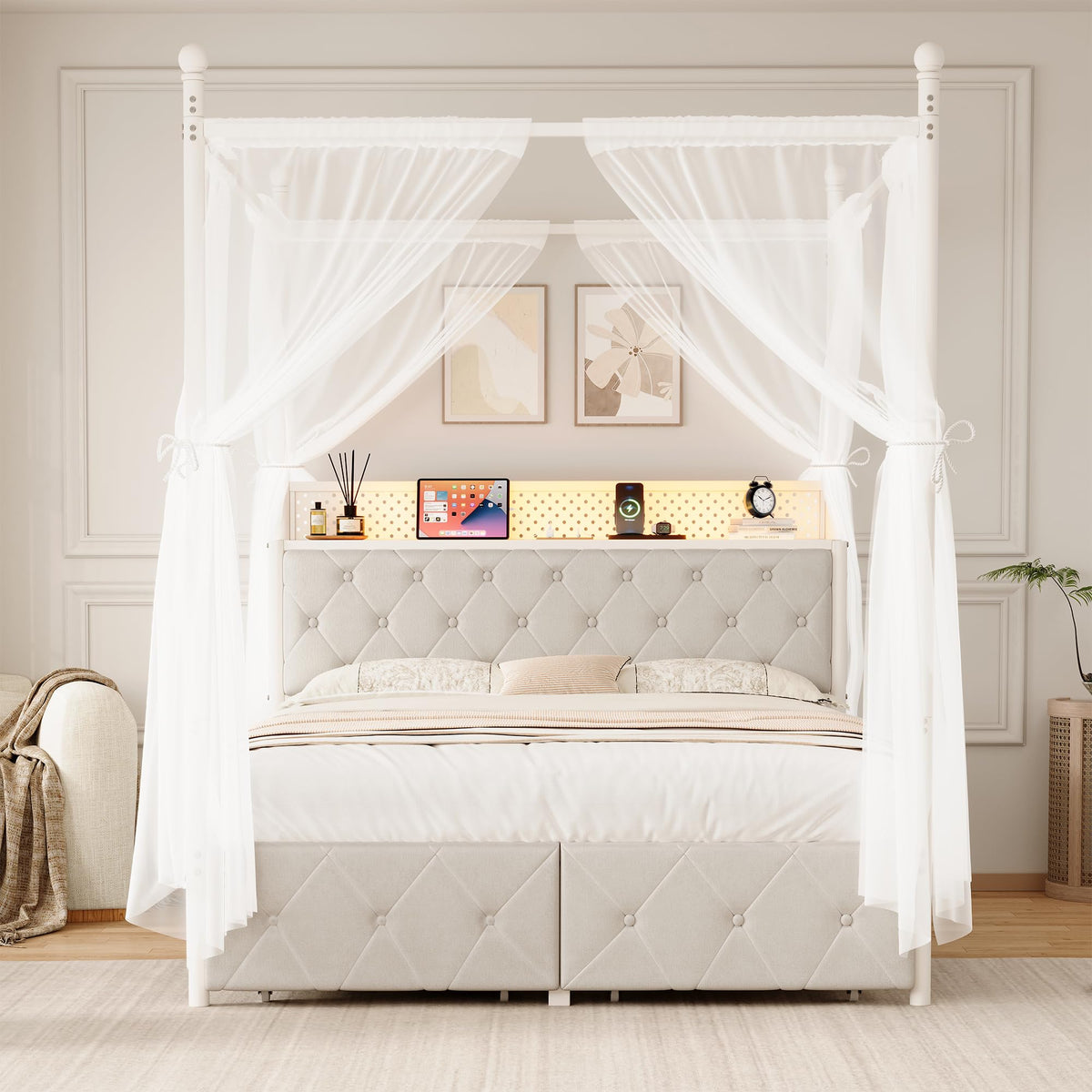 Full Size Canopy Bed Frame with Charging Station and LED Lights W428