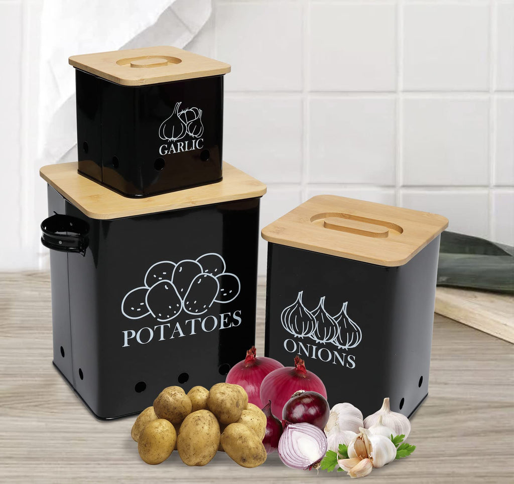 Black 3 Pack Kitchen Canisters Set with Wooden Lid U89207