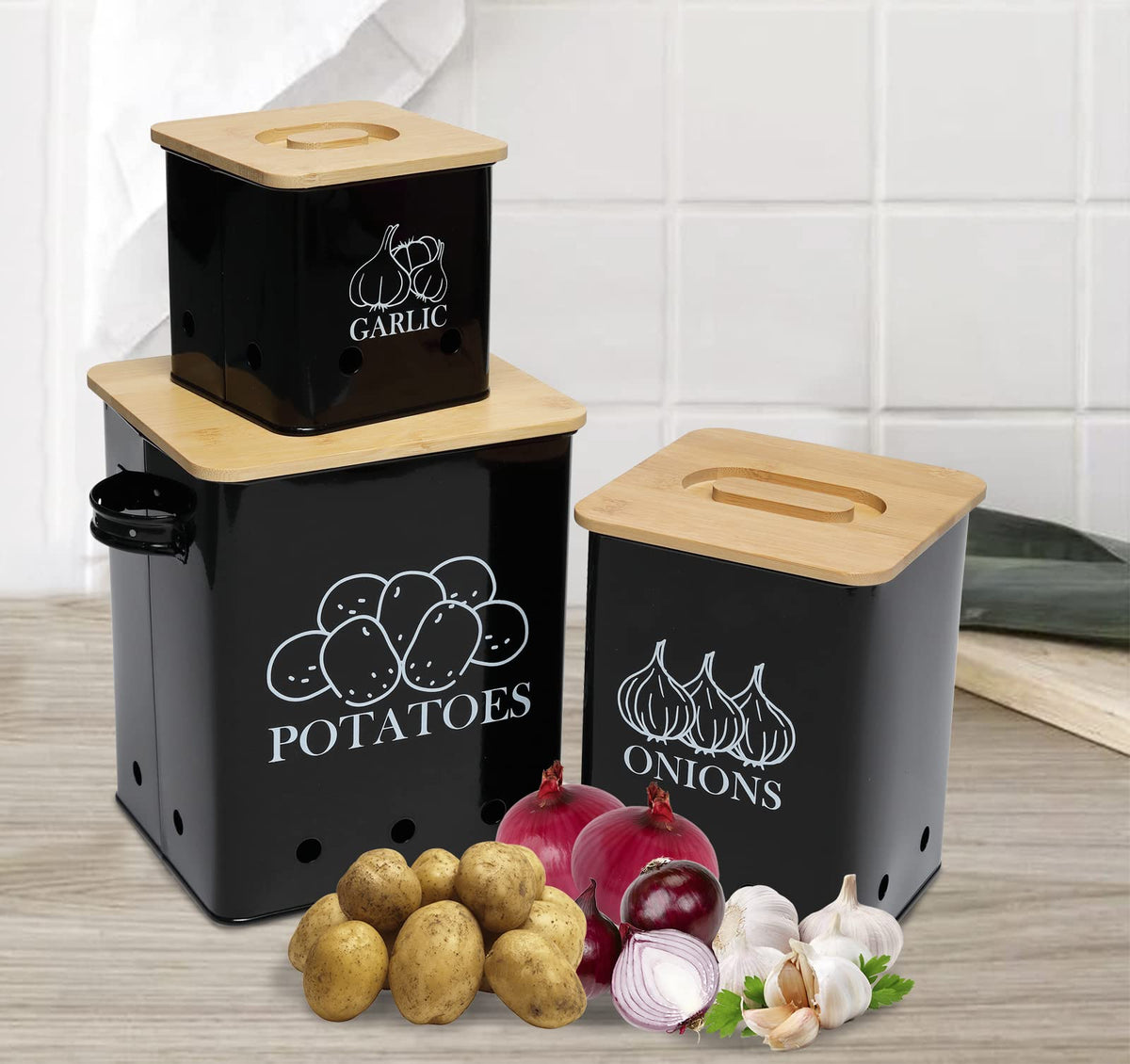 Black 3 Pack Kitchen Canisters Set with Wooden Lid U89207