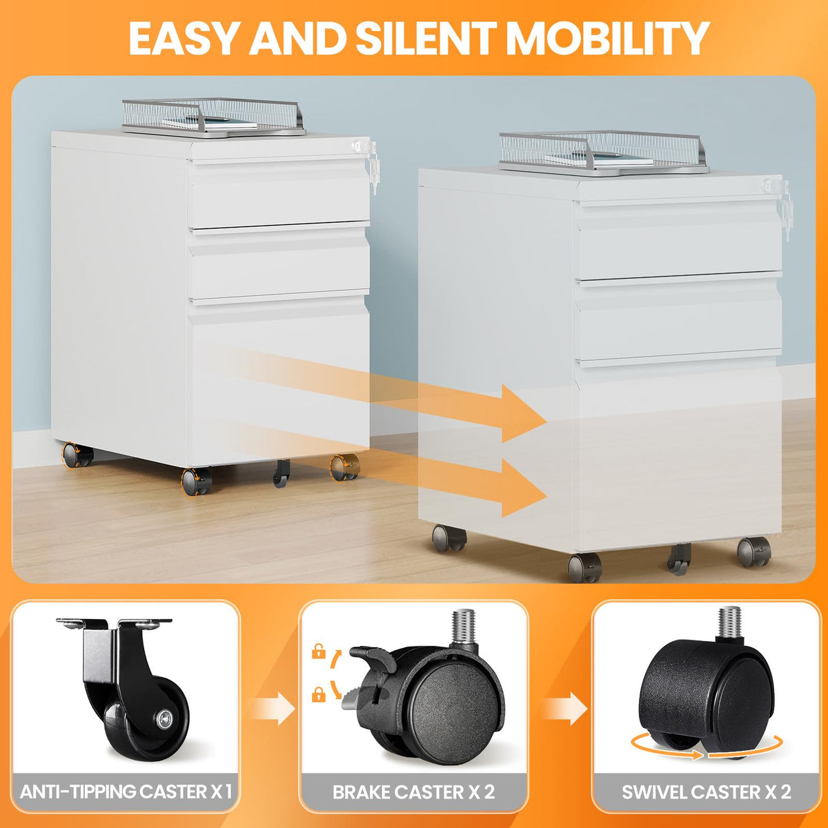 3 Drawer White Metal Mobile File Cabinet with Lock C4806