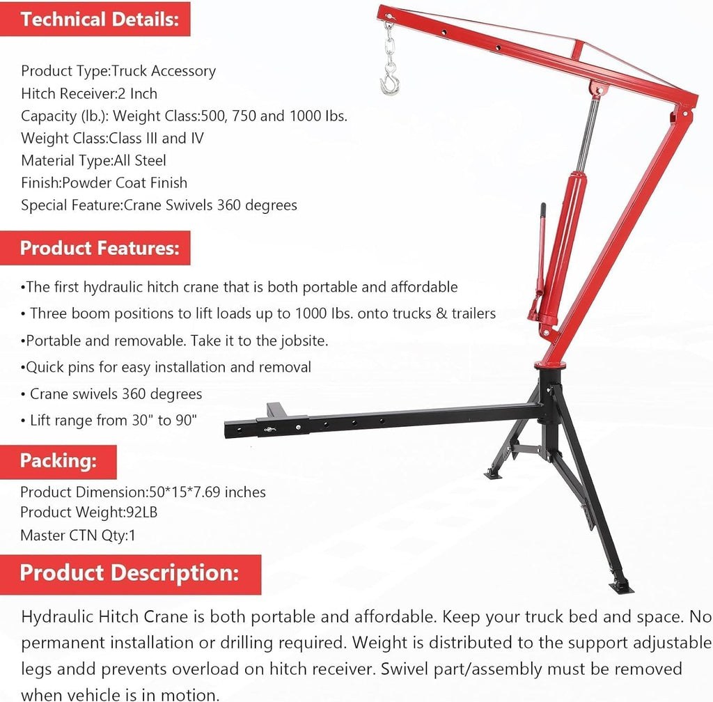 1000 LBS Hydraulic Truck Crane with 3 Adjustable Booms O6017