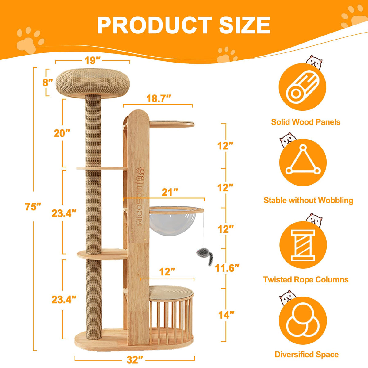 Solid Wooden Cat Tree Tower with Scratching Post S881468