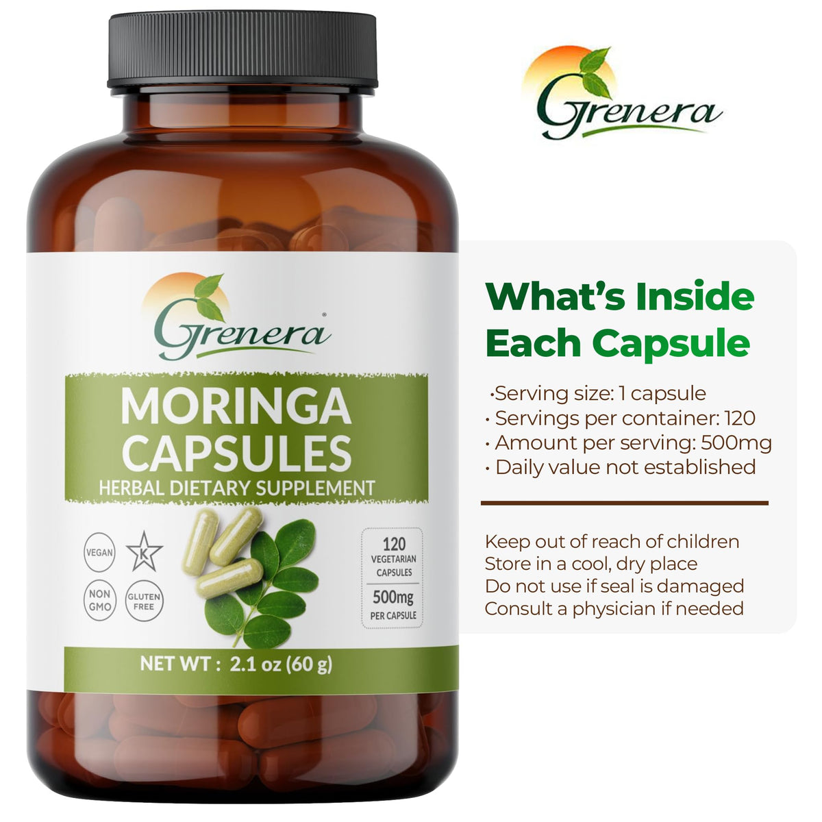 Moringa Capsules 500mg Moringa Oleifera Leaf Powder 120 Count K880