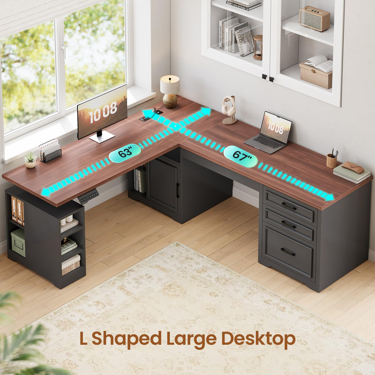 L Shaped Height Adjustable Standing Desk with Drawers and Shelves U286023