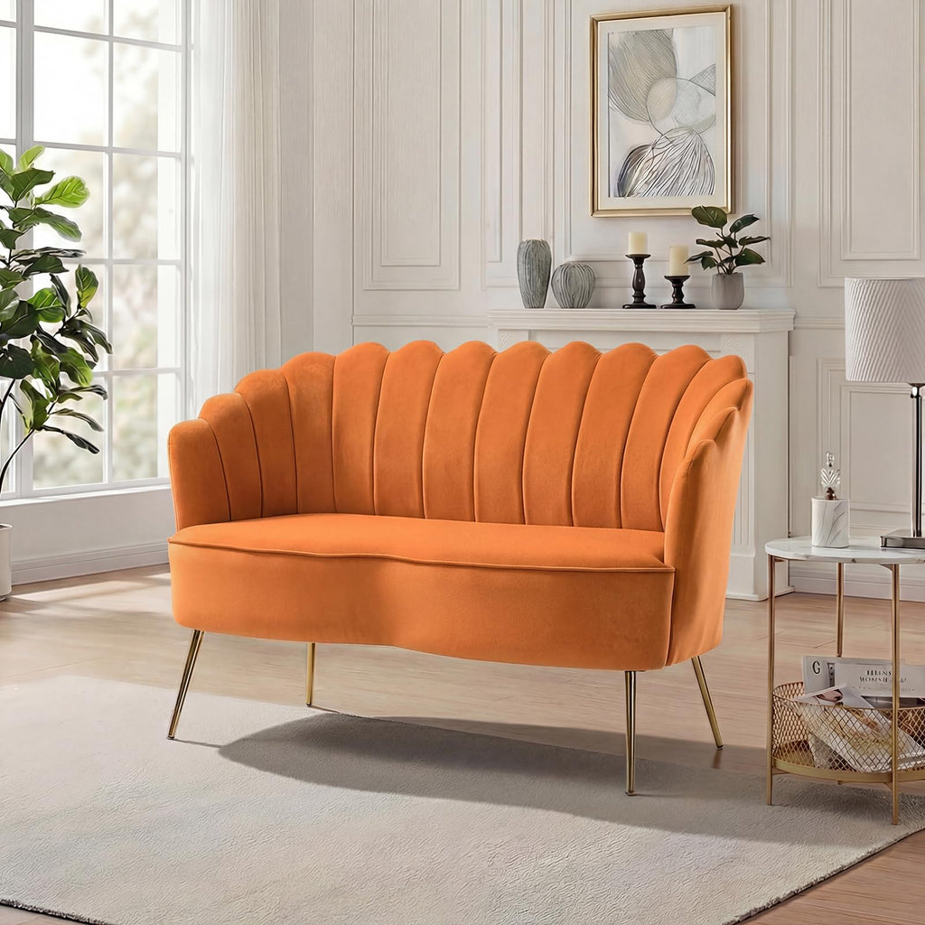 Orange Velvet 2-Seater Loveseat Sofa with Gold Metal Legs Z953346