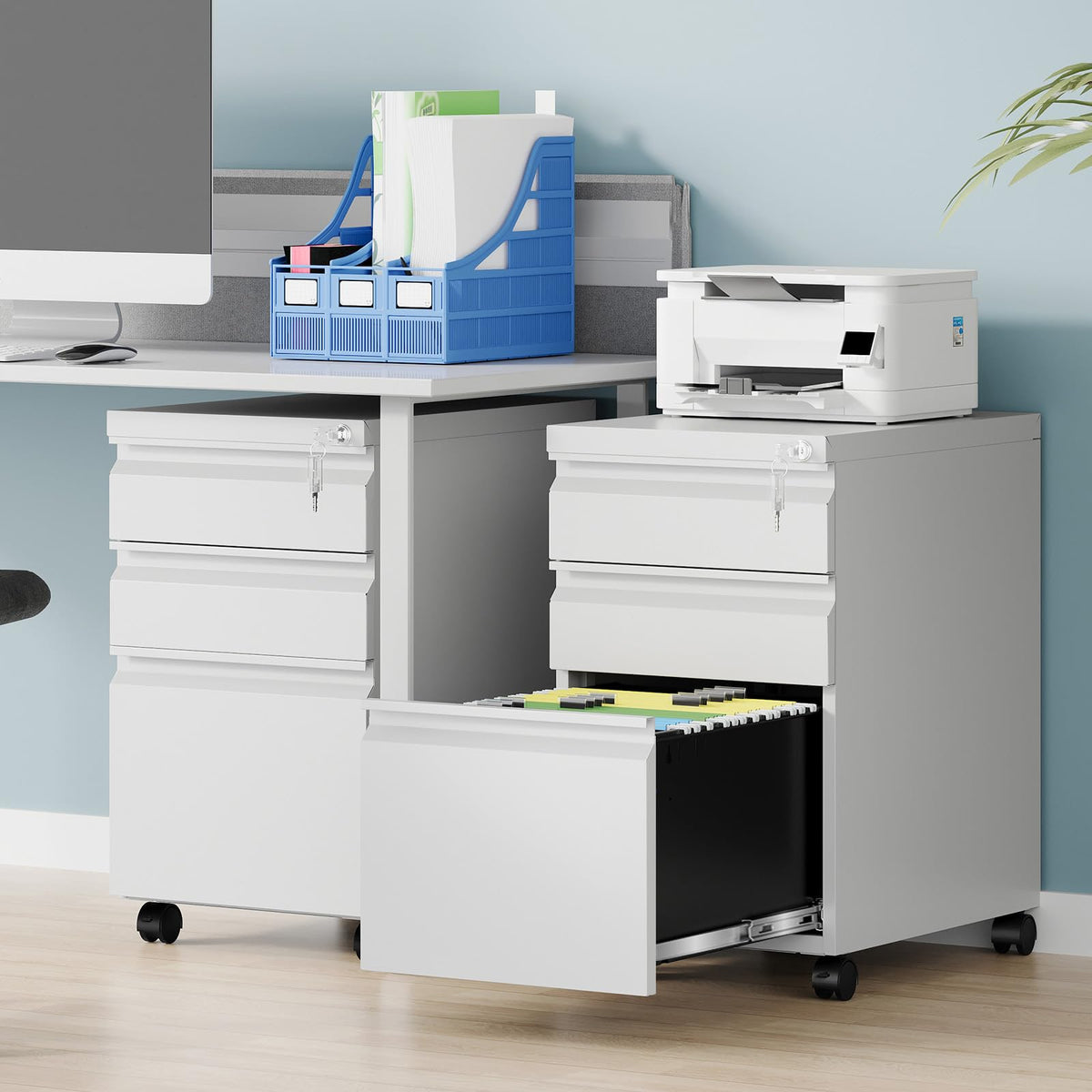 3 Drawer White Metal Mobile File Cabinet with Lock C4806