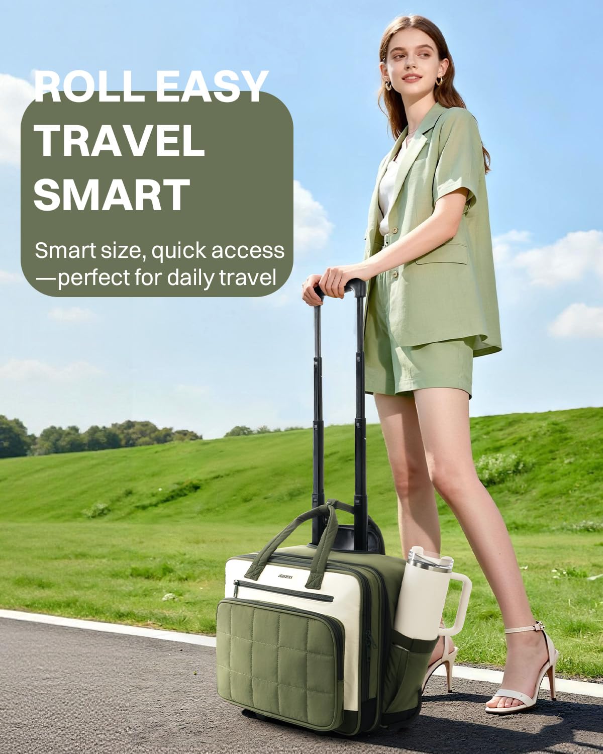 Rolling Puffer Laptop Bag, 16 Inch Water Resistant Carry On Luggage with Wheels, Green I229