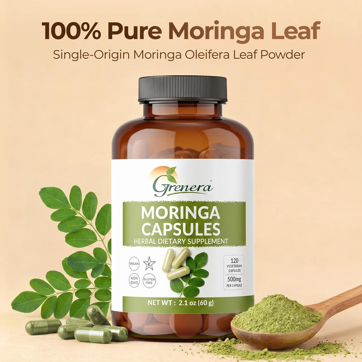 Moringa Capsules 500mg Moringa Oleifera Leaf Powder 120 Count K880