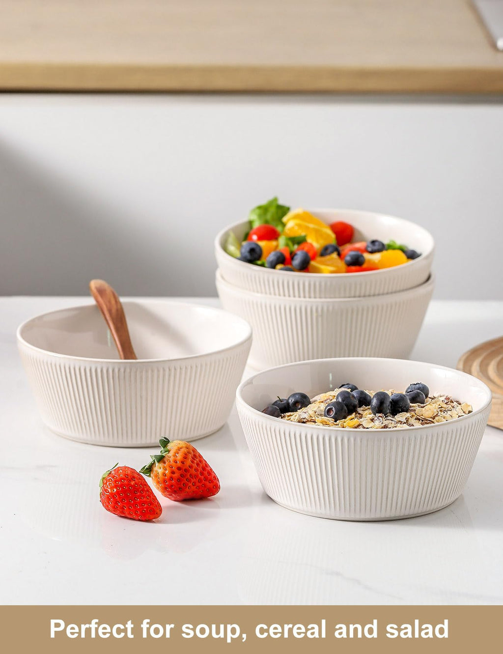 Ceramic Soup Bowls Set of 4, 6.3 inch Microwave Safe White B396