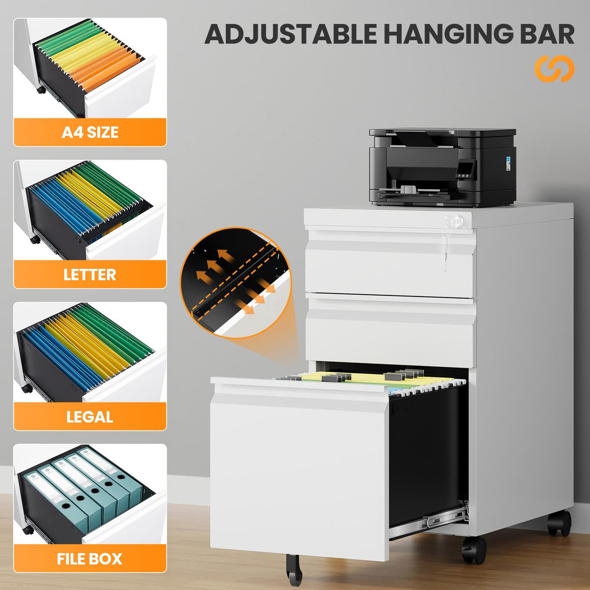 3 Drawer White Metal Mobile File Cabinet with Lock C4806