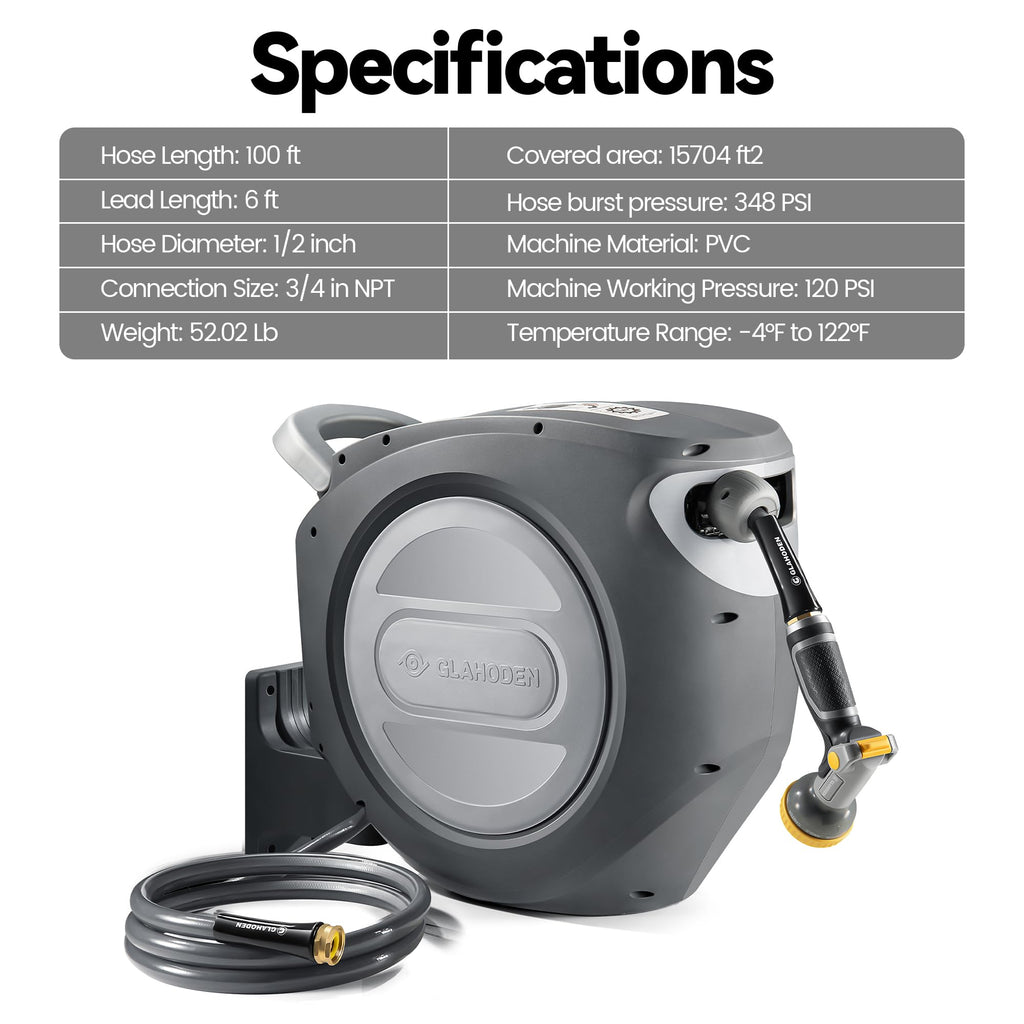 Retractable Garden Hose Reel 1/2 in x 100 ft Heavy Duty Wall Mount Q567