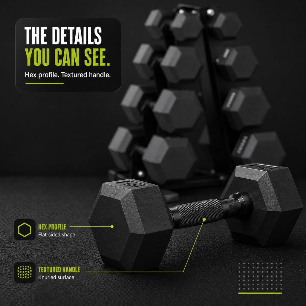 Rubber Coated Hex Dumbbell Weight Set with Rack S79164