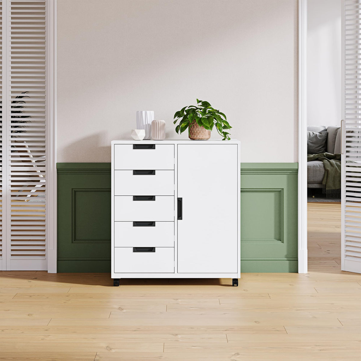 White 5 Drawer Storage Cabinet with Shelves and Door R294012