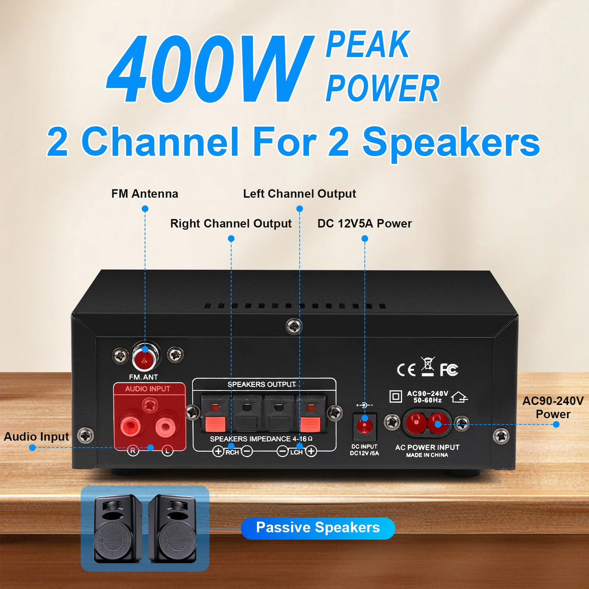 Bluetooth 5.0 Audio Amplifier 400W 2 Channel Stereo Receiver G5179