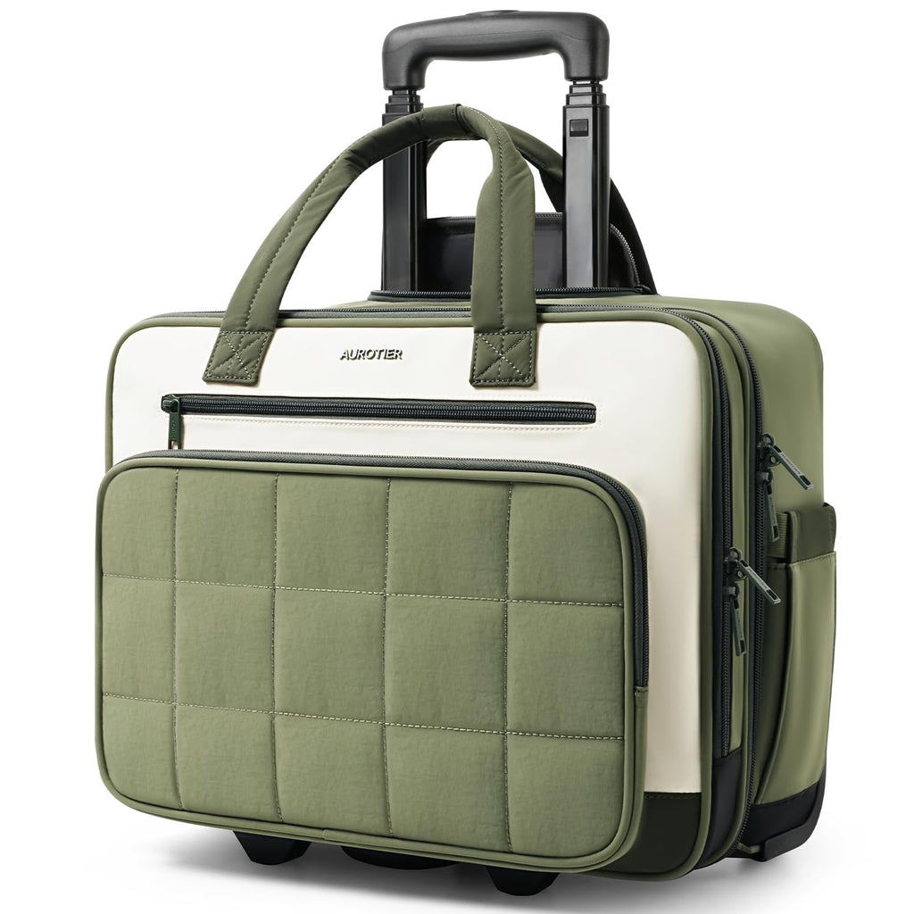 Rolling Puffer Laptop Bag, 16 Inch Water Resistant Carry On Luggage with Wheels, Green I229