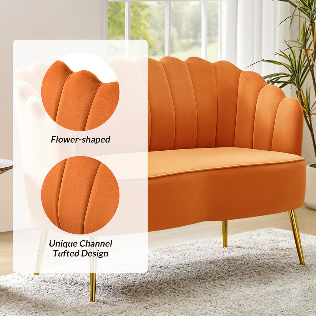 Orange Velvet 2-Seater Loveseat Sofa with Gold Metal Legs Z953346