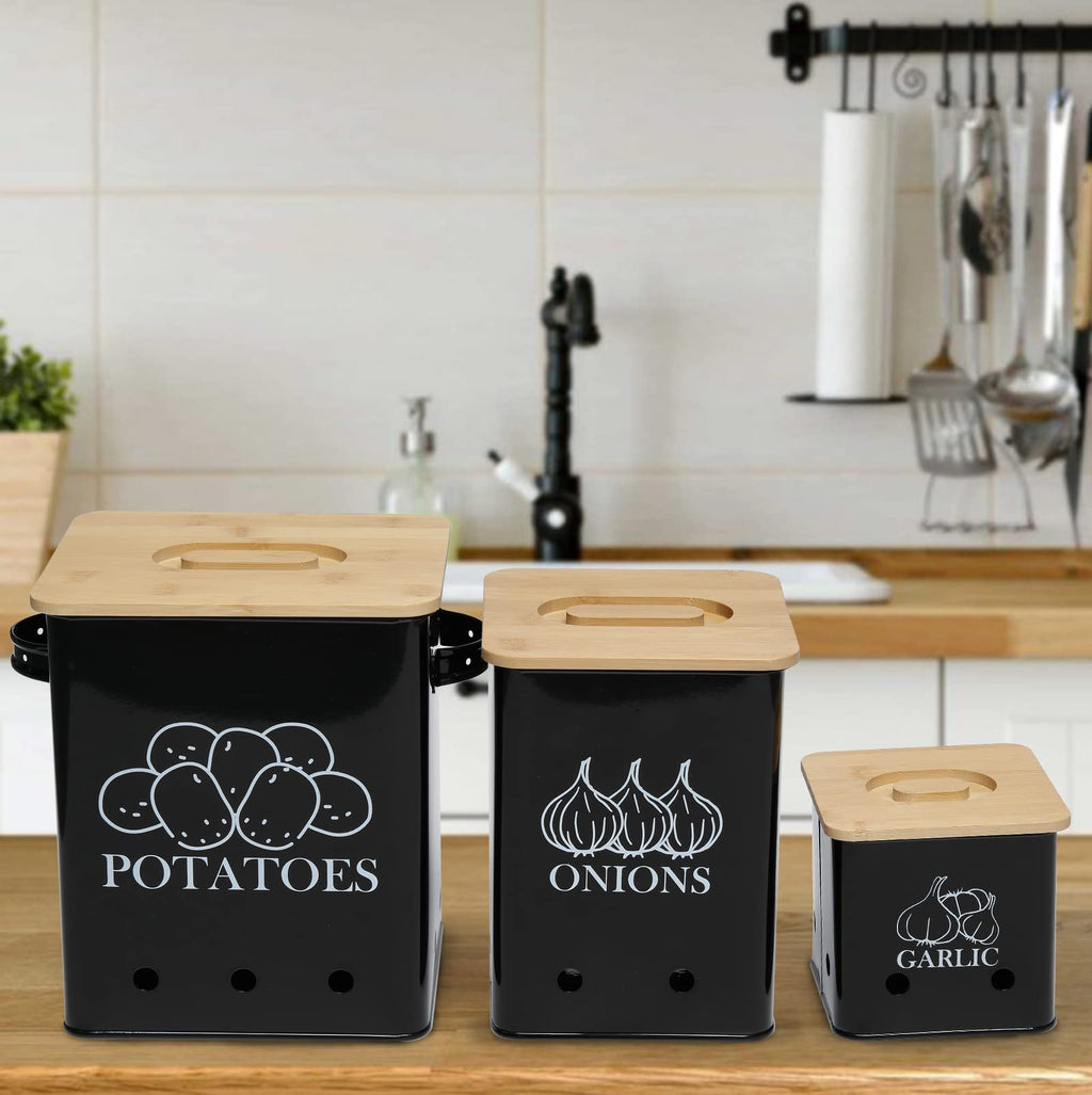 Black 3 Pack Kitchen Canisters Set with Wooden Lid U89207