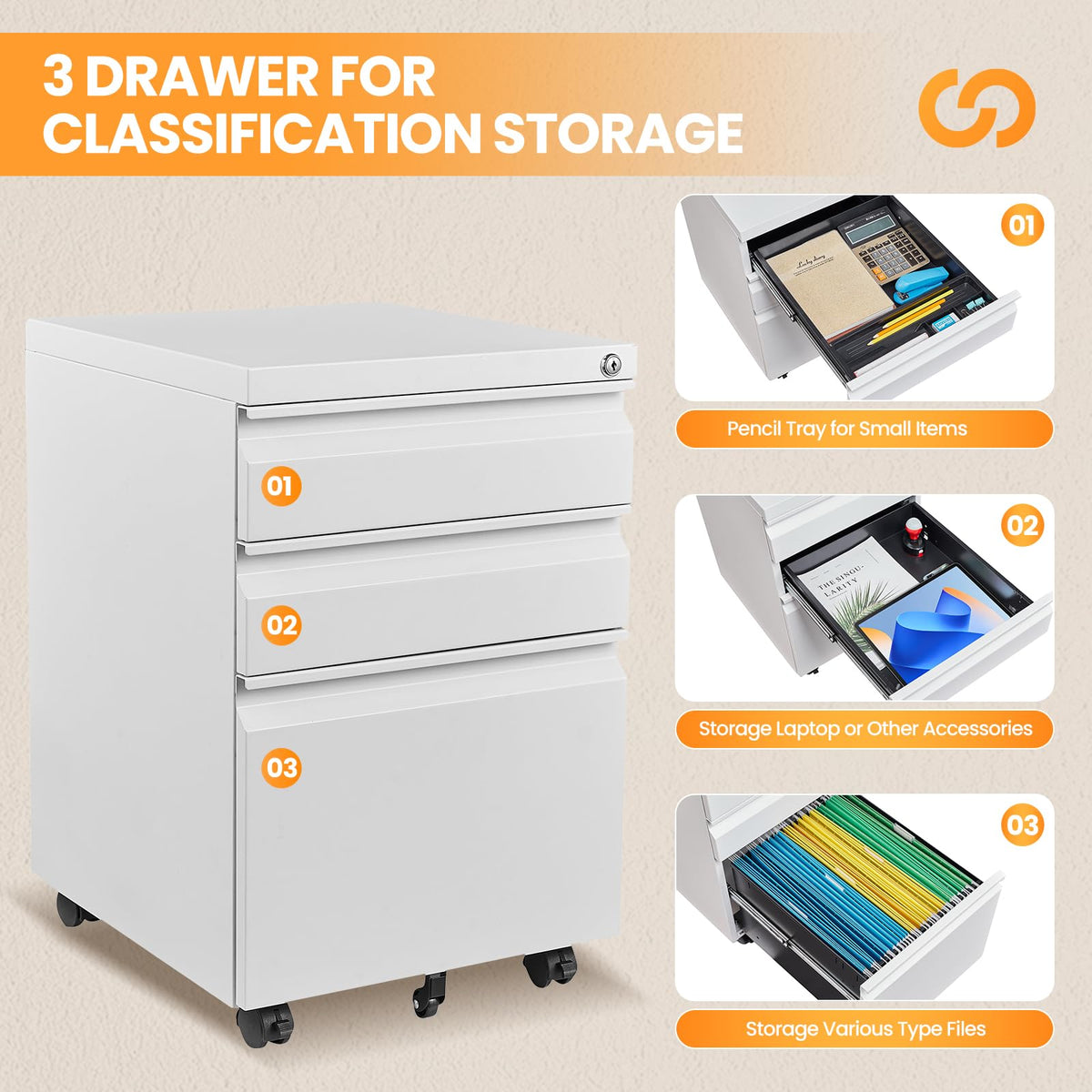 3 Drawer White Metal Mobile File Cabinet with Lock C4806