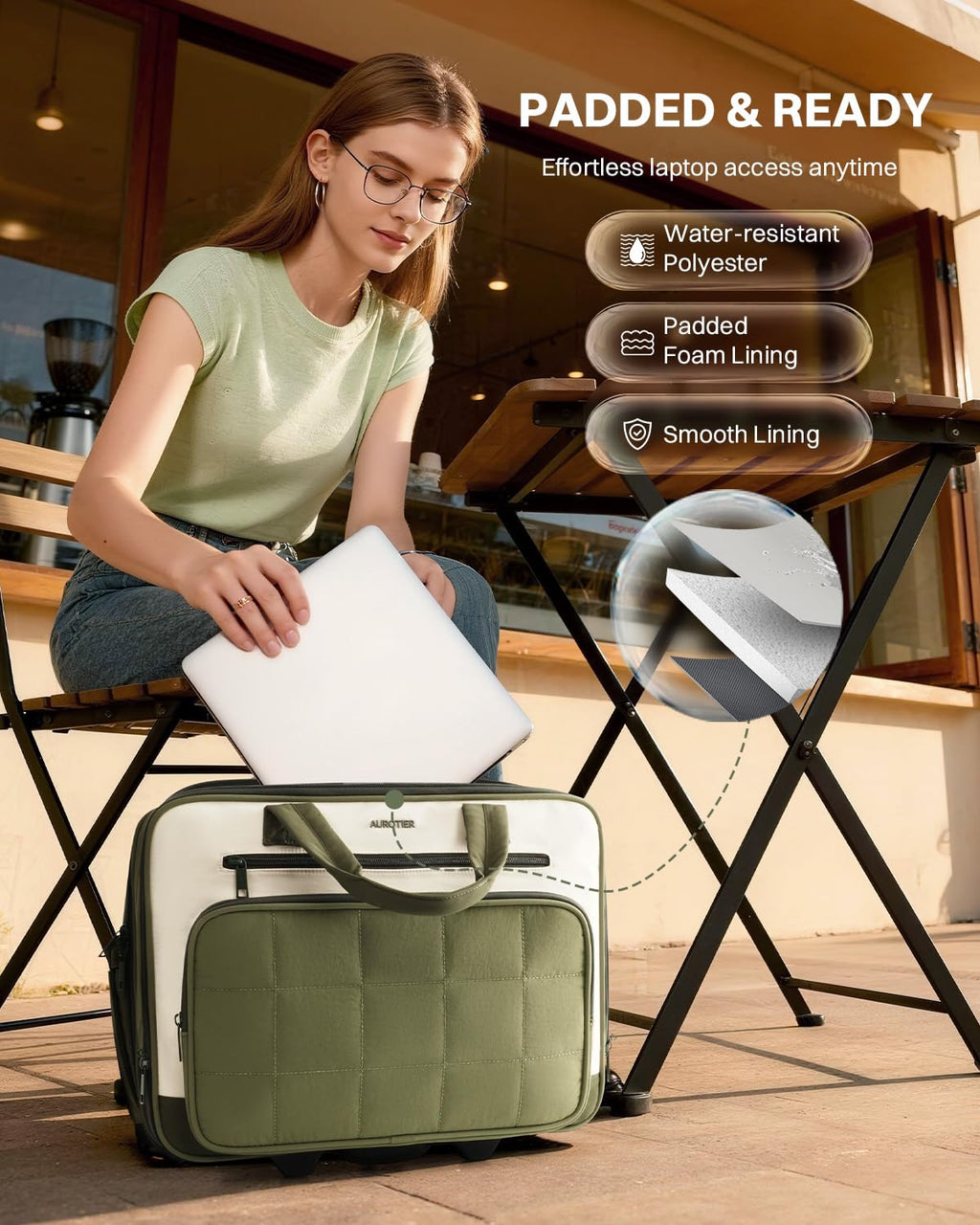 Rolling Puffer Laptop Bag, 16 Inch Water Resistant Carry On Luggage with Wheels, Green I229