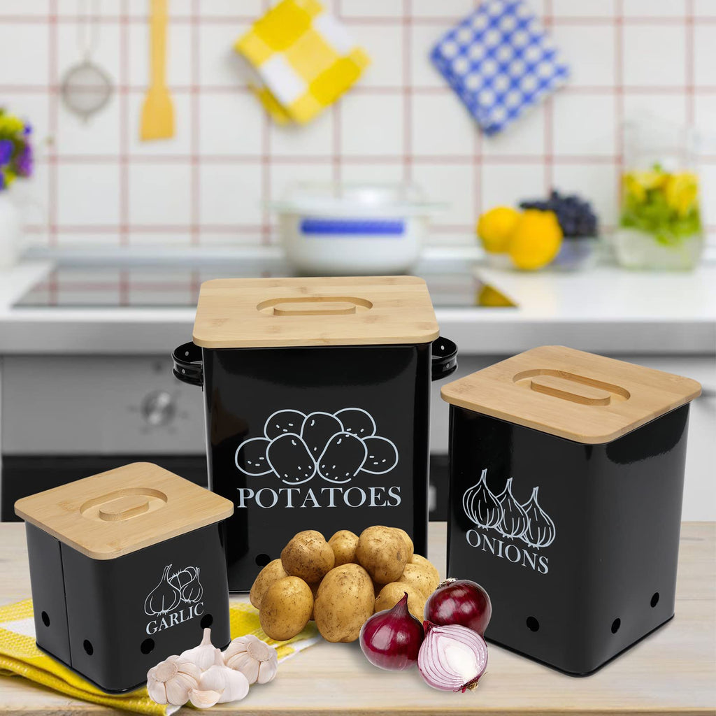 Black 3 Pack Kitchen Canisters Set with Wooden Lid U89207
