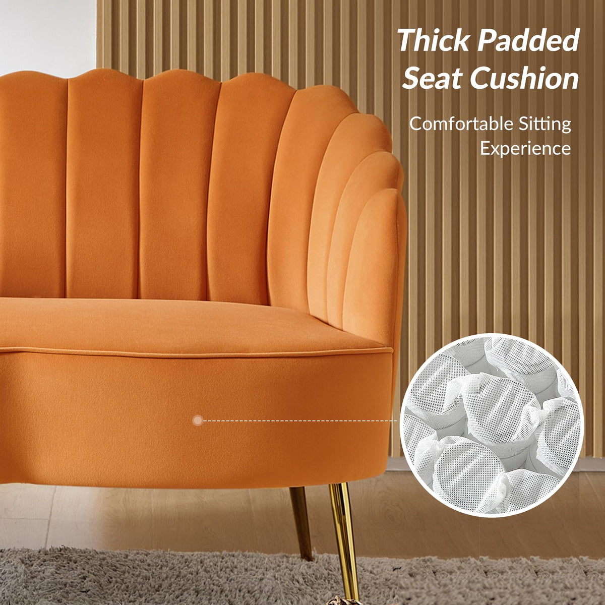 Orange Velvet 2-Seater Loveseat Sofa with Gold Metal Legs Z953346