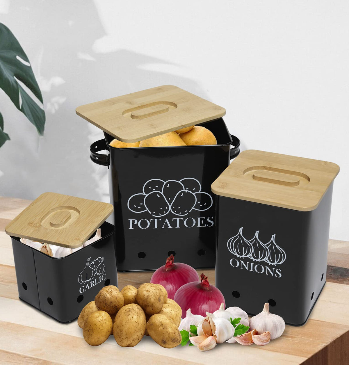 Black 3 Pack Kitchen Canisters Set with Wooden Lid U89207