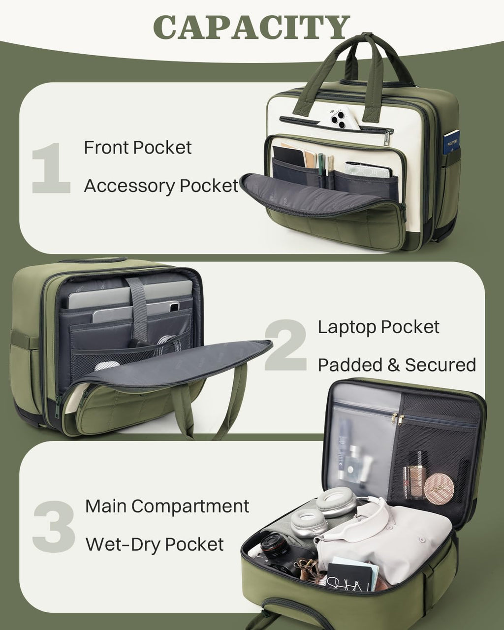 Rolling Puffer Laptop Bag, 16 Inch Water Resistant Carry On Luggage with Wheels, Green I229