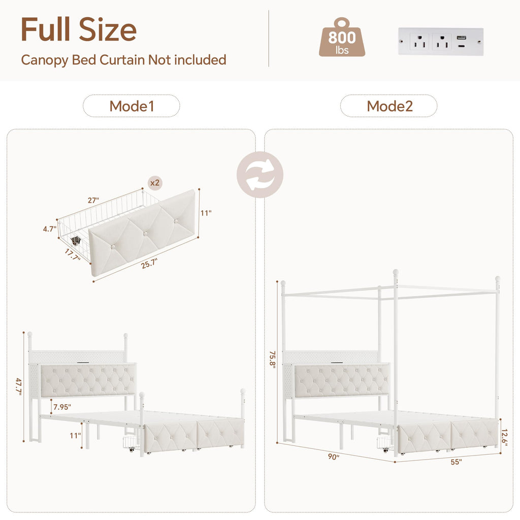Full Size Canopy Bed Frame with Charging Station and LED Lights W428