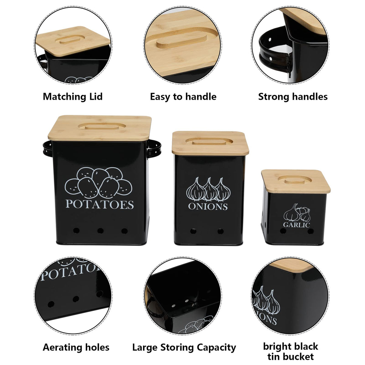 Black 3 Pack Kitchen Canisters Set with Wooden Lid U89207