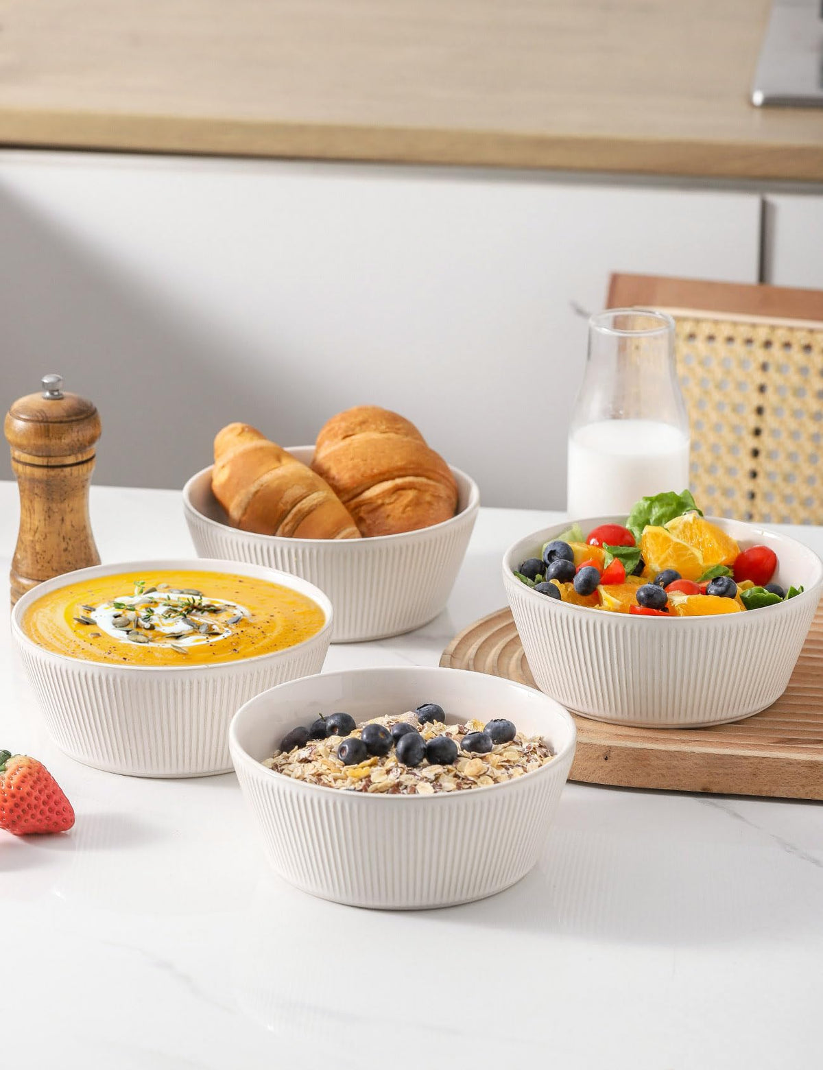 Ceramic Soup Bowls Set of 4, 6.3 inch Microwave Safe White B396