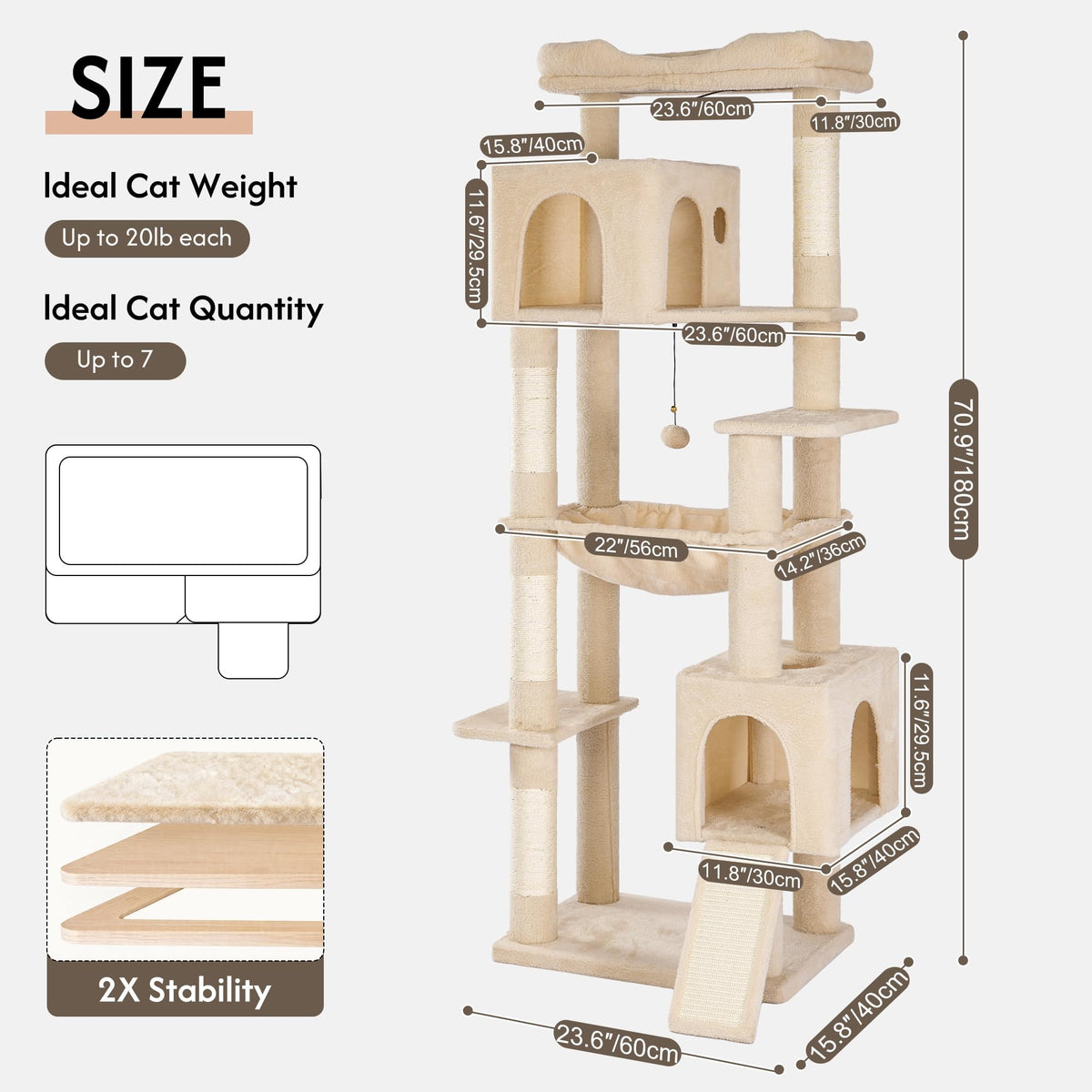 70” XXL Cat Tree Tower with Oversized Bed B2975