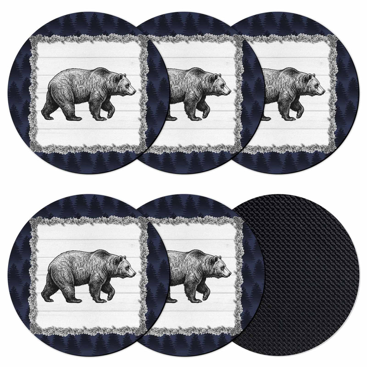 Black White Bear Round Absorbent Coasters Set of 6 B7353
