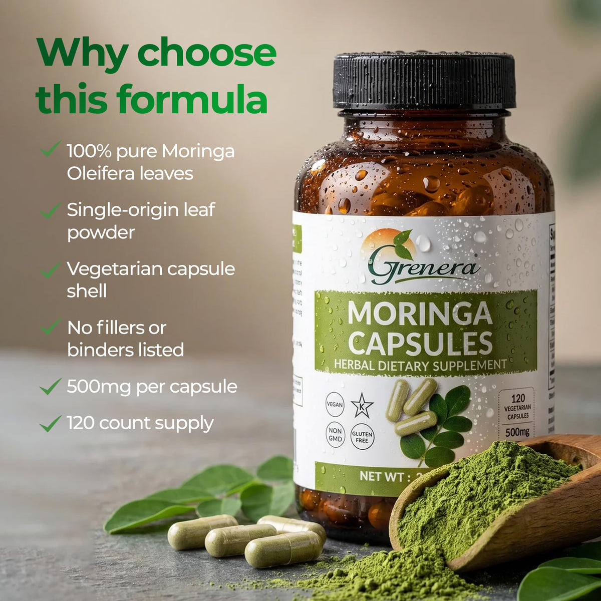 Moringa Capsules 500mg Moringa Oleifera Leaf Powder 120 Count K880