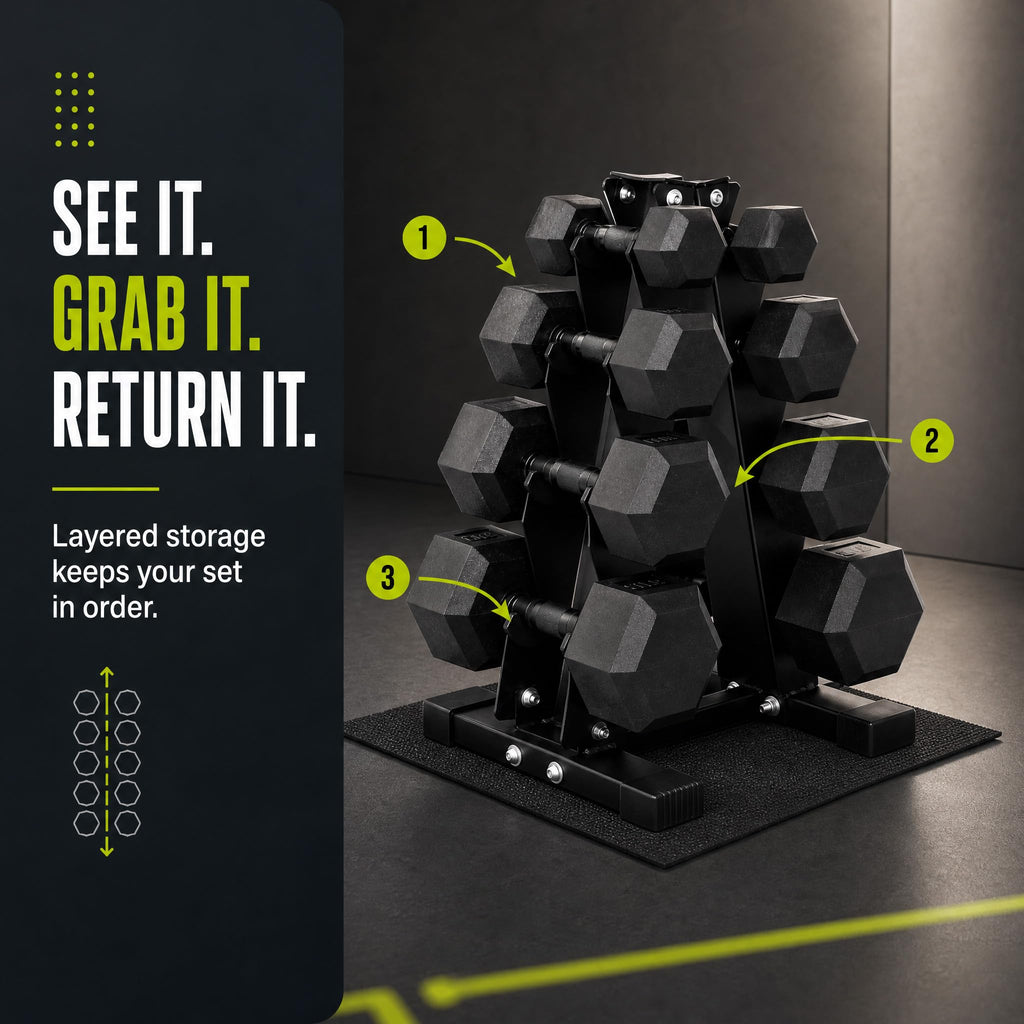 Rubber Coated Hex Dumbbell Weight Set with Rack S79164