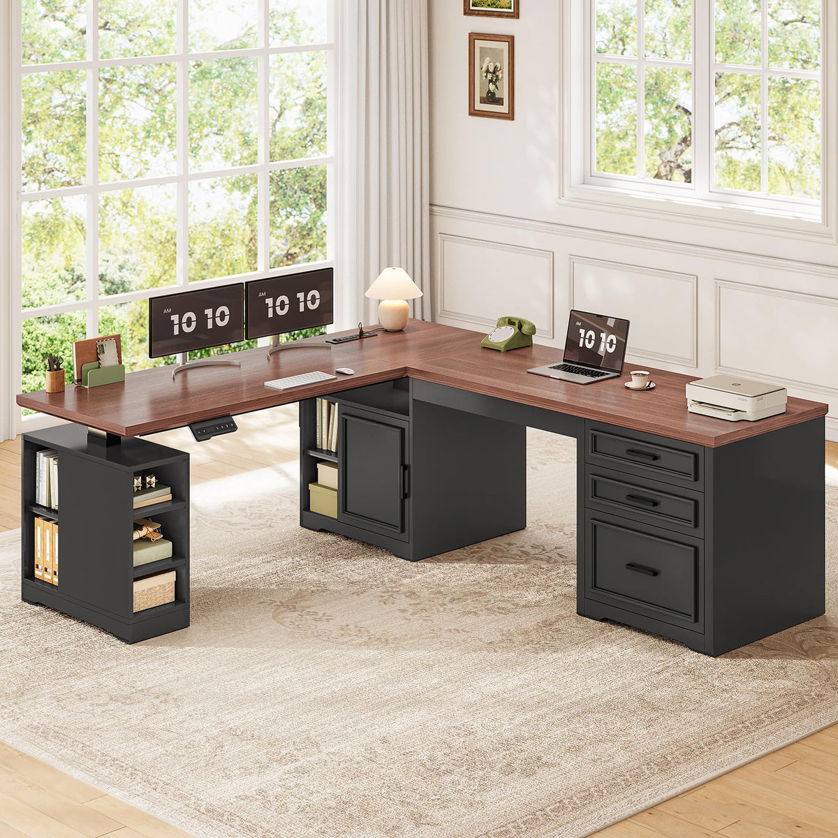 L Shaped Height Adjustable Standing Desk with Drawers and Shelves U286023